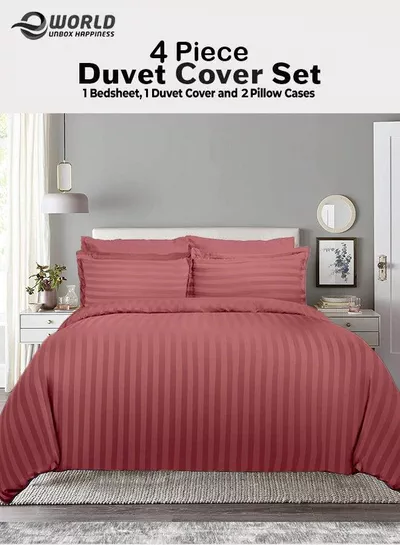 Premium Striped Duvet Set All Season – 4-Pieces Set Dusty Rose | King Size 220x240 cm | Ultra-Soft, Wrinkle-Resistant & Made in Dubai | Includes Duvet Cover, Fitted Sheet (200x200 cm) & 2 Pillowcases (50x70 cm)-0