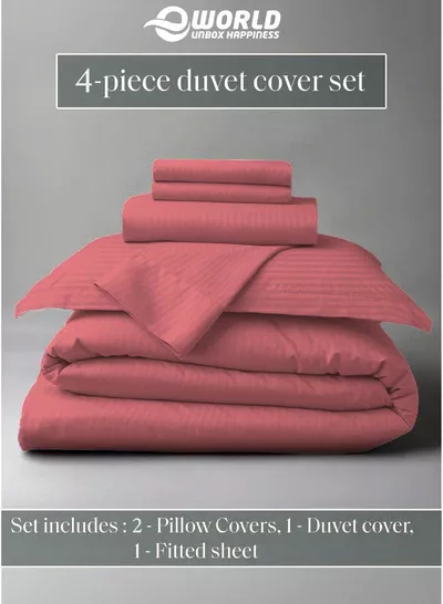 Premium Striped Duvet Set All Season – 4-Pieces Set Dusty Rose | King Size 220x240 cm | Ultra-Soft, Wrinkle-Resistant & Made in Dubai | Includes Duvet Cover, Fitted Sheet (200x200 cm) & 2 Pillowcases (50x70 cm)-1