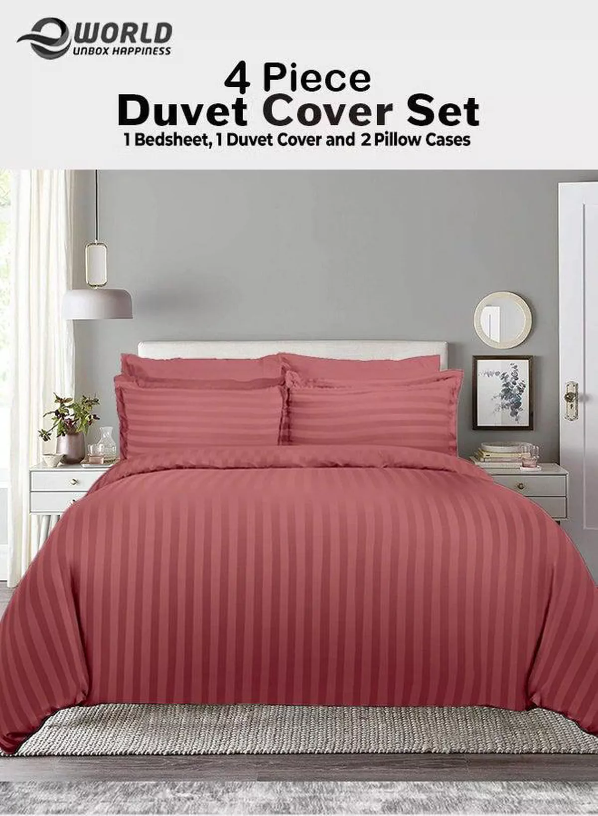 Premium Striped Duvet Set All Season – 4-Pieces Set Dusty Rose | King Size 220x240 cm | Ultra-Soft, Wrinkle-Resistant & Made in Dubai | Includes Duvet Cover, Fitted Sheet (200x200 cm) & 2 Pillowcases (50x70 cm)