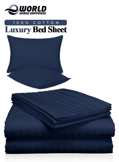 Eworld 3 Piece Luxury Navy Blue Striped Bed Sheet Set with 1 Flat Sheet and 2 Pillowcases for Hotel-0