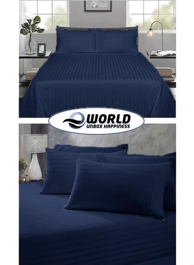 Eworld 3 Piece Luxury Navy Blue Striped Bed Sheet Set with 1 Flat Sheet and 2 Pillowcases for Hotel-4