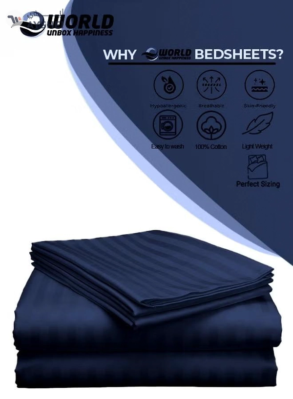 Eworld 3 Piece Luxury Navy Blue Striped Bed Sheet Set with 1 Flat Sheet and 2 Pillowcases for Hotel