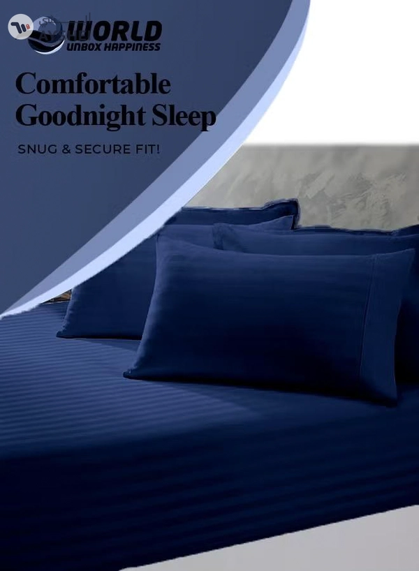 Eworld 3 Piece Luxury Navy Blue Striped Bed Sheet Set with 1 Flat Sheet and 2 Pillowcases for Hotel