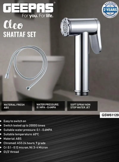 Geepas Cleo Shattaf Set- GSW61129 Soft Spray Non-Stop Water Jet with Easy Switch On High-Quality ABS Material, G1/2" Thread| Suitable Water Temperature- 60-Degrees Celsius For Bathroom Use Silver-4