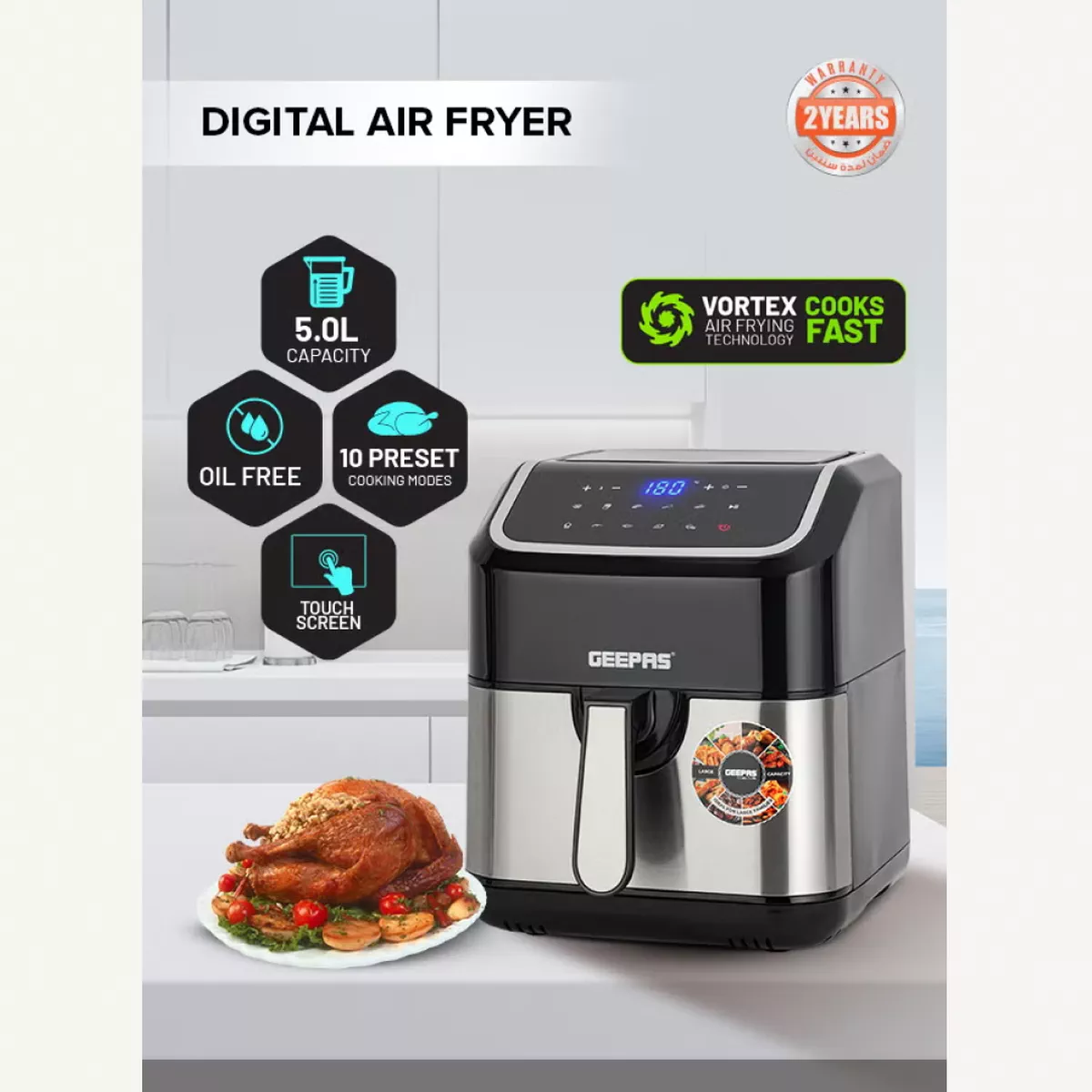 GEEPAS Digital Air Fryer - Equipped With Vortx Air Frying Technology| Oil Free Cooking Digital Display With Touch Screen-2-2