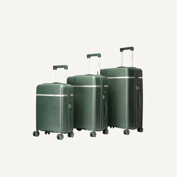 British Traveller 3-Piece Polypropylene Luggage Set | 20”, 24”, 28” Lightweight Suitcases with 360° Spinner Wheels, TSA Lock, Water & Scratch Resistant | Durable Hard Shell Trolley Bags with Telescopic Handle - Green