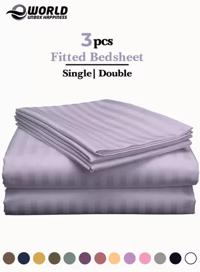 Eworld 3 Piece Luxury Purple Striped Bed Sheet Set with 1 Deep Pocket Fitted Sheet and 2 Pillowcases for Hotel and Home Crafted from Ultra Soft and Breathable Microfiber for Year-Round Comfort, (Single/Double)-0