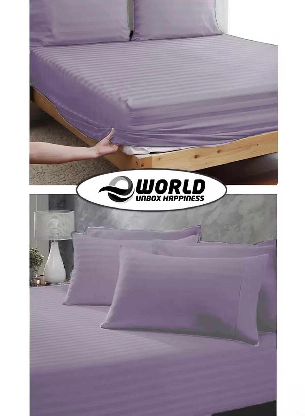 Eworld 3 Piece Luxury Purple Striped Bed Sheet Set with 1 Deep Pocket Fitted Sheet and 2 Pillowcases for Hotel and Home Crafted from Ultra Soft and Breathable Microfiber for Year-Round Comfort, (Single/Double)-6-6