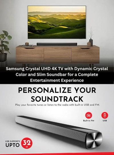 Samsung 65-Inch Crystal UHD DU8000 4K Smart Tv HDR 10+, Dynamic Crystal Color, AirSlim Design With 2.0 Channel Soundbar 30W, HDMI ARC, Bluetooth, USB, MP3, FM Station 65DU8000+SOUNDBAR Grey-3