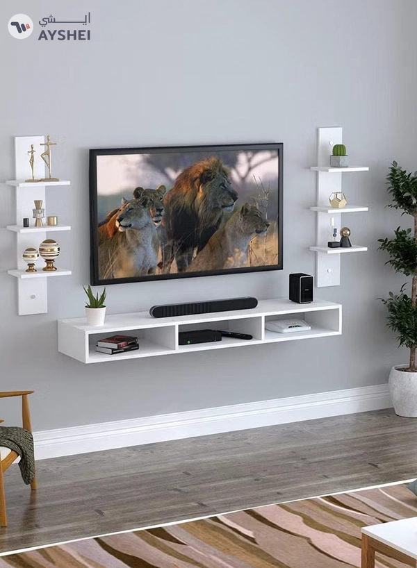 Eworld Floating Space Saving Wall Mounted TV Shelf for Home Office Workstation with storage shelves