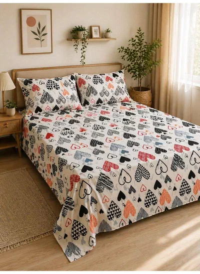 Eworld 3-Piece Flat Bedsheet Set, Geometric Heart Pattern, 100% Cotton, 125 GSM, 1 Flat Sheet + 2 Pillowcases – Available in King, Queen and Single Sizes-0