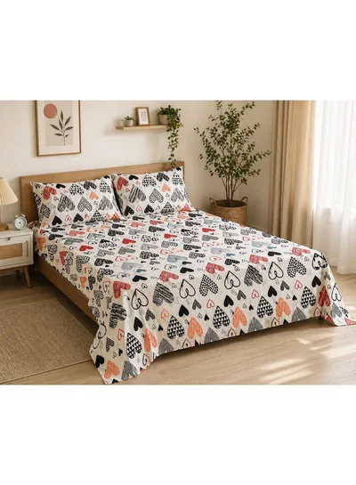 Eworld 3-Piece Flat Bedsheet Set, Geometric Heart Pattern, 100% Cotton, 125 GSM, 1 Flat Sheet + 2 Pillowcases – Available in King, Queen and Single Sizes-2