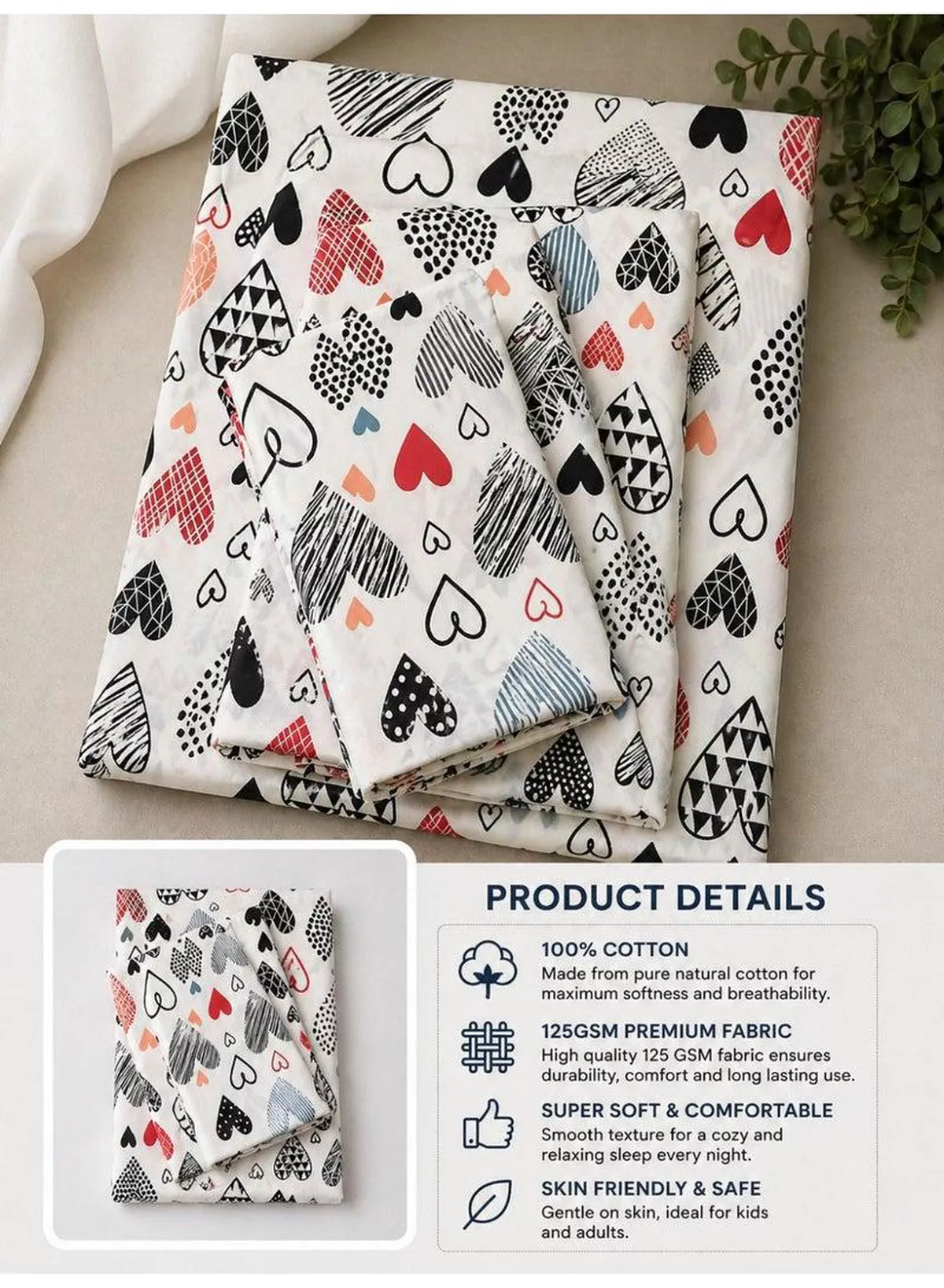 Eworld 3-Piece Flat Bedsheet Set, Geometric Heart Pattern, 100% Cotton, 125 GSM, 1 Flat Sheet + 2 Pillowcases – Available in King, Queen and Single Sizes-1-1